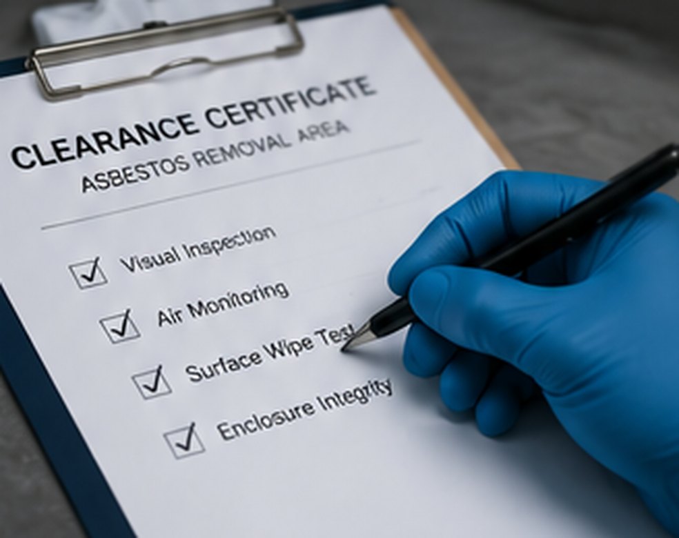 Clearance certificate being completed for an asbestos removal area