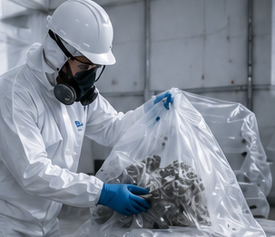 Licensed removalist double-bagging asbestos waste inside an enclosure